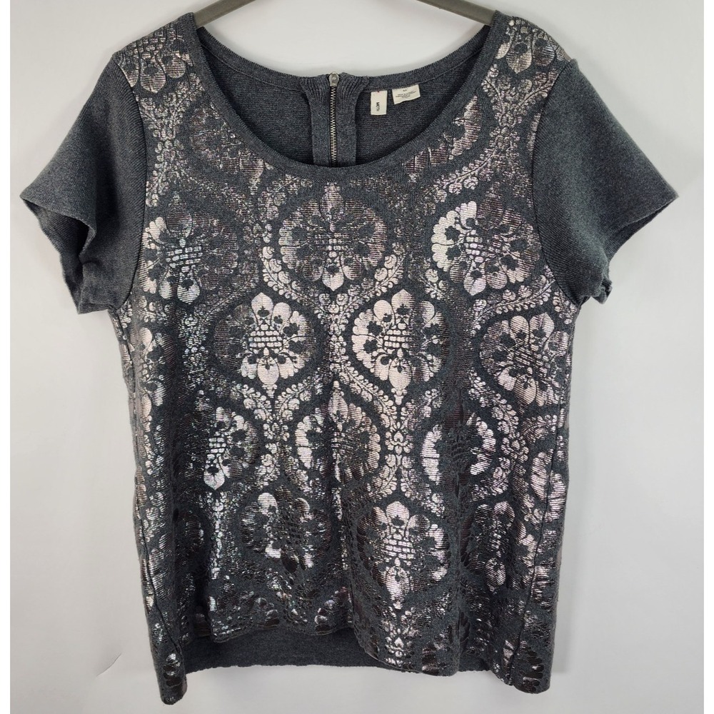 Moth Anthropologie Drawing Room Pullover Top Women's S Silver Foil Metallic